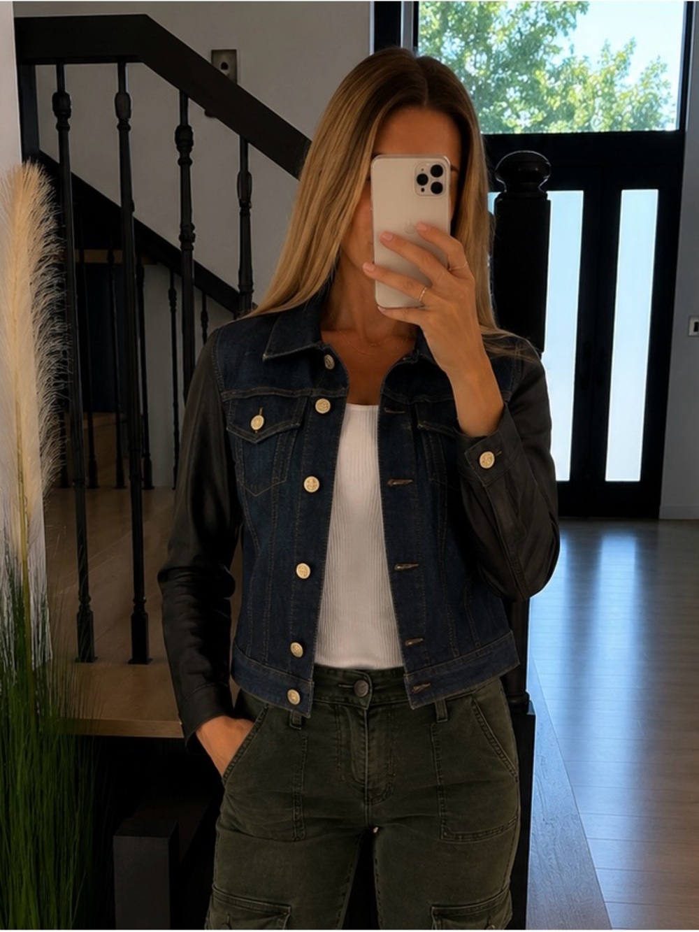 Tory Burch Denim Jacket with Leather Sleeves